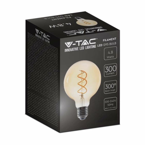 V-TAC 4.8W borostyán E27 meleg fehér, spirál filament, G95 LED égő - SKU 217217