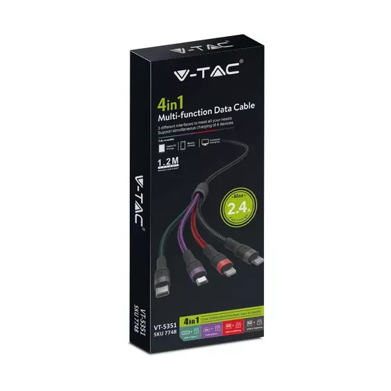 V-TAC 4in1 hálózati töltőkábel, USB-A - Type-C, microUSB és Lightning csatlakozókkal - SKU 7748