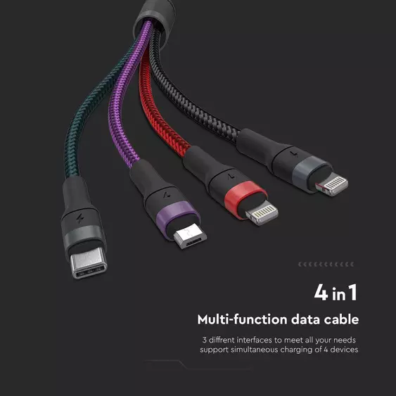 V-TAC 4in1 hálózati töltőkábel, USB-A - Type-C, microUSB és Lightning csatlakozókkal - SKU 7748