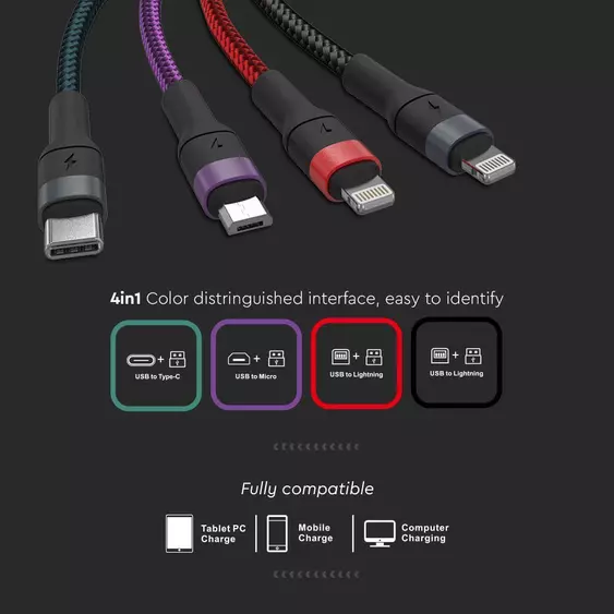 V-TAC 4in1 hálózati töltőkábel, USB-A - Type-C, microUSB és Lightning csatlakozókkal - SKU 7748