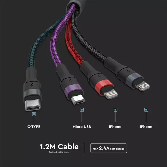 V-TAC 4in1 hálózati töltőkábel, USB-A - Type-C, microUSB és Lightning csatlakozókkal - SKU 7748