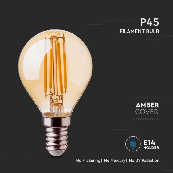 V-TAC 4W borostyán E14 meleg fehér filament P45 LED kisgömb égő - SKU 214499