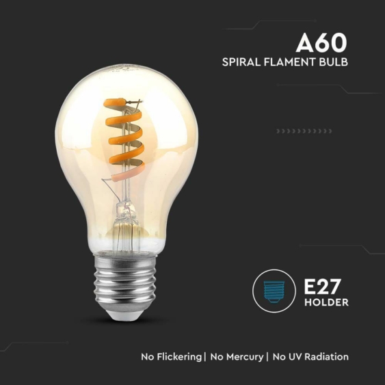 V-TAC 4W borostyán E27 A60 filament LED égő, 1800K - SKU 217335