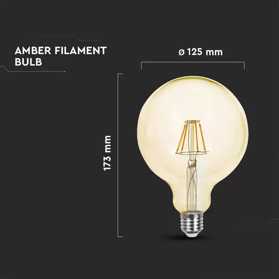 V-TAC 4W borostyán E27 meleg fehér filament G125 LED égő - SKU 214473