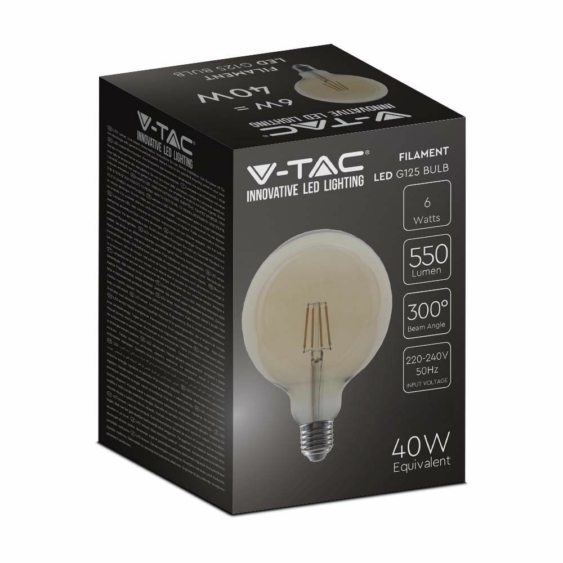 V-TAC 4W borostyán E27 meleg fehér filament G125 LED égő - SKU 214473
