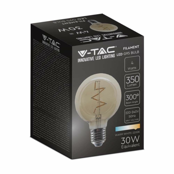 V-TAC 4W borostyán E27 meleg fehér filament G95 LED égő - SKU 217146