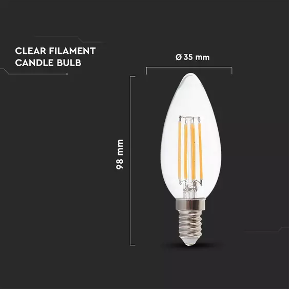 V-TAC 4W E14 hideg fehér filament C35 LED gyertya égő - SKU 214414