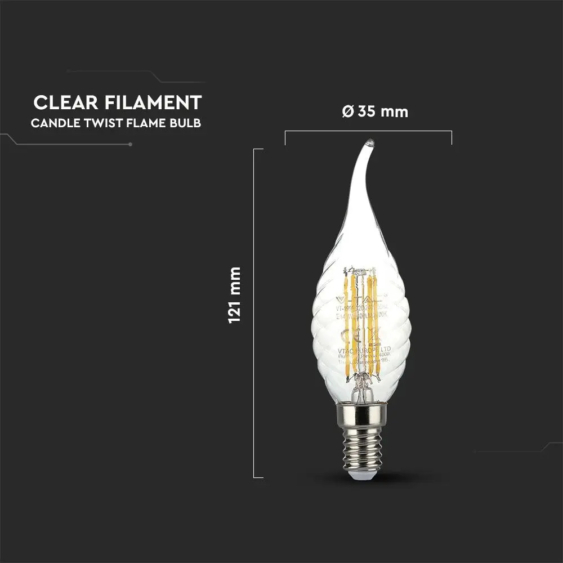 V-TAC 4W E14 hideg fehér filament LED csavart gyertyaláng égő - SKU 4432