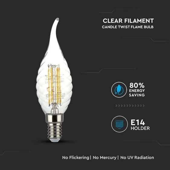 V-TAC 4W E14 hideg fehér filament LED csavart gyertyaláng égő - SKU 4432