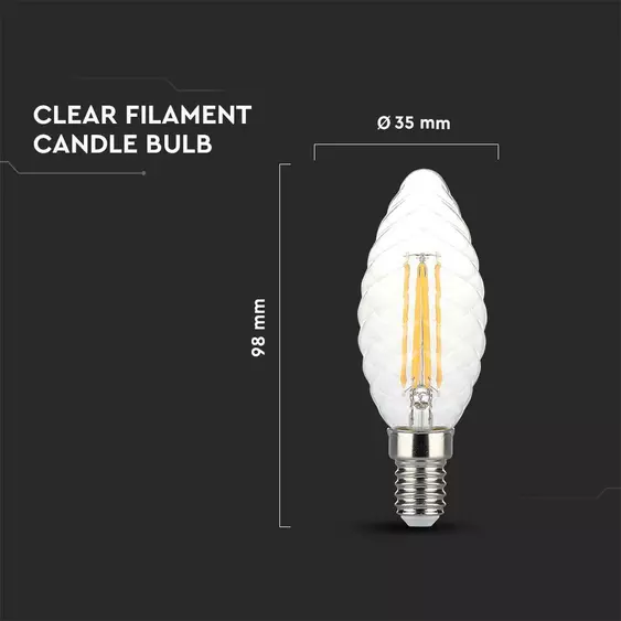 V-TAC 4W E14 meleg fehér dimmelhető filament C35 LED csavart gyertya égő - SKU 214367