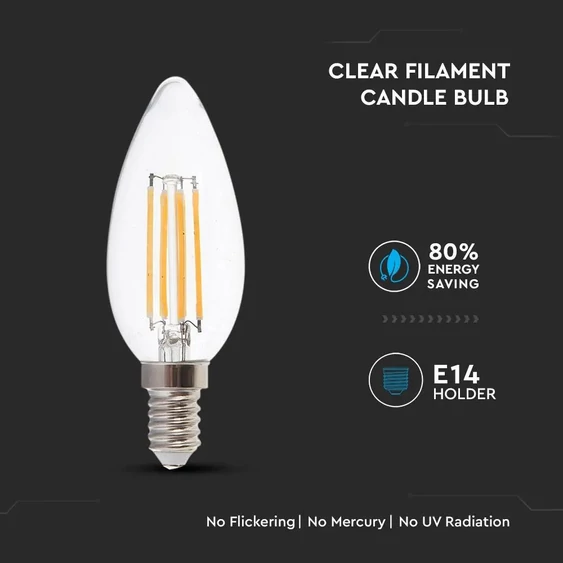 V-TAC 4W E14 meleg fehér filament LED gyertya égő - SKU 4301