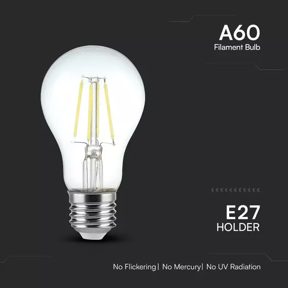 V-TAC 4W E27 hideg fehér filament A60 LED égő - SKU 217120