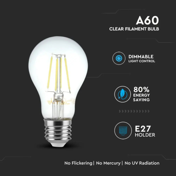 V-TAC 4W E27 meleg fehér dimmelhető filament LED égő - SKU 4364