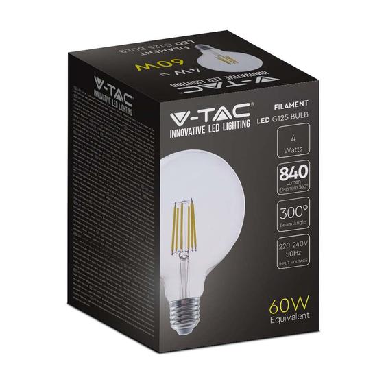 V-TAC 4W E27 meleg fehér filament G125 LED égő, 210 Lm/W - SKU 2992