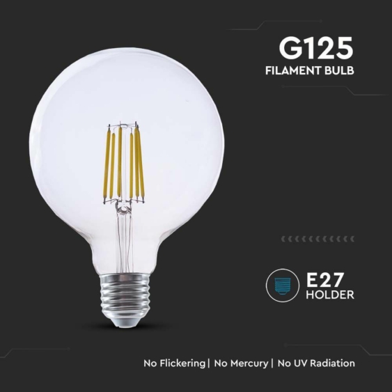 V-TAC 4W E27 meleg fehér filament G125 LED égő, 210 Lm/W - SKU 2992