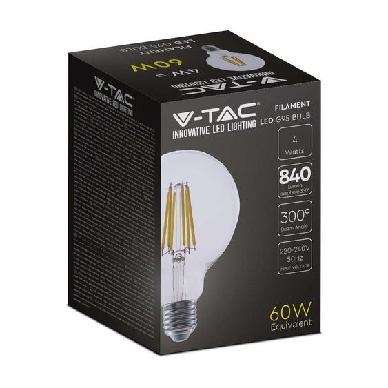 V-TAC 4W E27 meleg fehér filament G95 LED égő, 210 Lm/W - SKU 2994