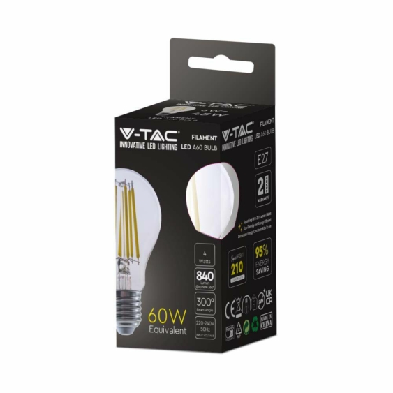 V-TAC 4W E27 természetes fehér filament A60 LED égő, 210 Lm/W - SKU 2991