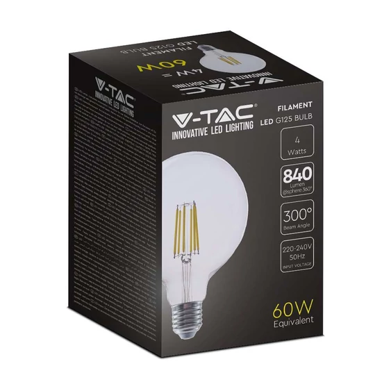 V-TAC 4W E27 természetes fehér filament G125 LED égő, 210 Lm/W - SKU 2993