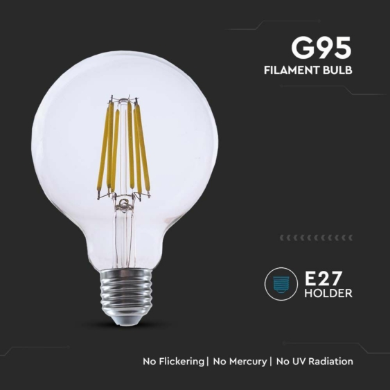 V-TAC 4W E27 természetes fehér filament G95 LED égő, 210 Lm/W - SKU 2995