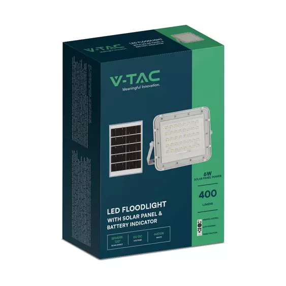 V-TAC 5000mAh napelemes LED reflektor 6W hideg fehér, 400 Lumen, fehér házzal - SKU 7839