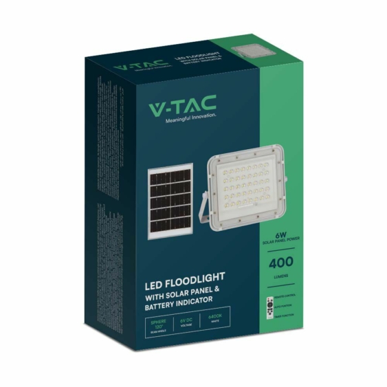 V-TAC 5000mAh napelemes LED reflektor 6W hideg fehér, 400 Lumen, fehér házzal - SKU 7839