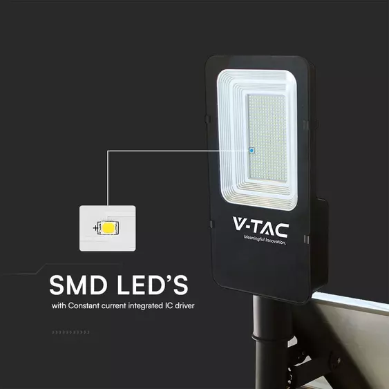 V-TAC 50W hibrid napelemes utcai LED lámpa, térvilágító, hideg fehér - SKU 23579