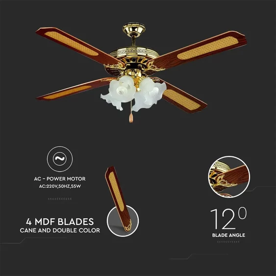 V-TAC 55W mennyezeti ventilátor, 4db E27 foglalattal - SKU 7921