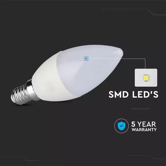 V-TAC 5.5W dimmelhető E14 természetes fehér C37 LED gyertya égő - SKU 2120186