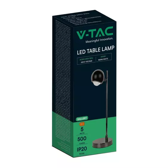 V-TAC 5W asztali gömbfejű lámpa, fekete házzal, meleg fehér, 100 lm/W - SKU 10345