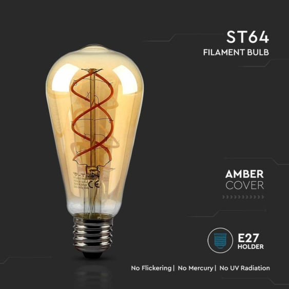 V-TAC 5W borostyán E27 filament ST64 LED égő, 1800K - SKU 217218