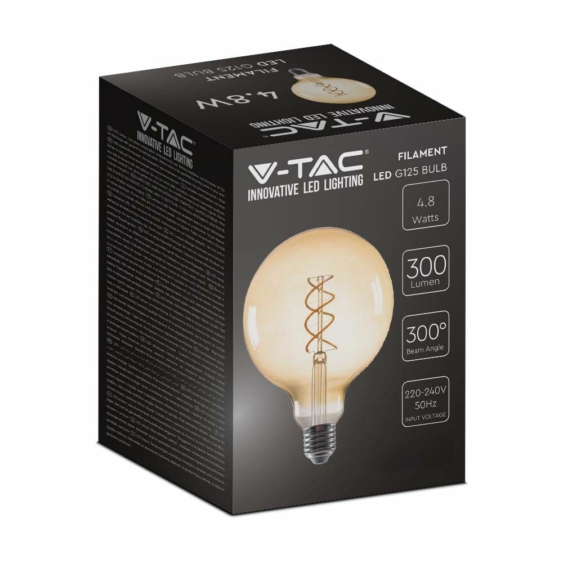 V-TAC 5W borostyán E27 meleg fehér, spirál filament, G125 LED égő - SKU 217216