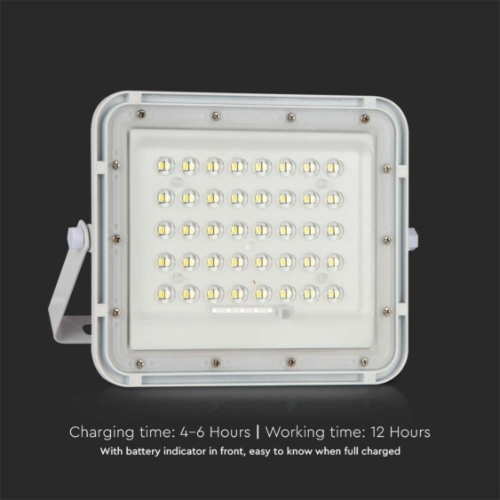 V-TAC 6000mAh napelemes LED reflektor 10W természetes fehér, 800 Lumen, fehér házzal - SKU 7842