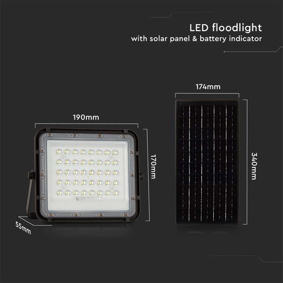 V-TAC 6000mAh napelemes LED reflektor 10W természetes fehér, 800 Lumen, fekete házzal - SKU 7824