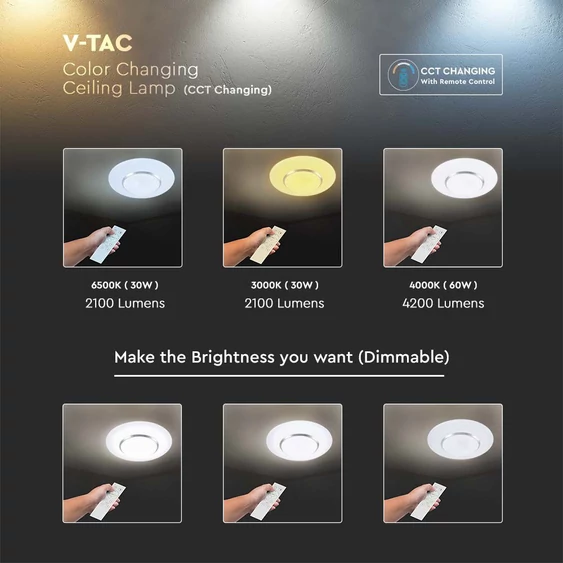 V-TAC 60W csillagos mennyezeti LED lámpa, változtatható színhőmérséklettel, 100 Lm/W - SKU 2114621