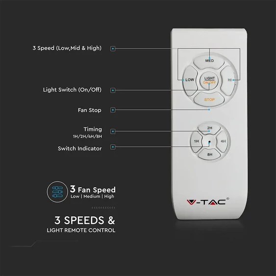 V-TAC 60W mennyezeti ventilátor, változtatható színhőmérséklettel - SKU 7913