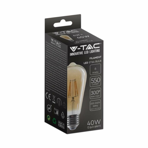 V-TAC 6W borostyán E27 meleg fehér filament ST64 LED égő, 90 Lm/W - SKU 214362