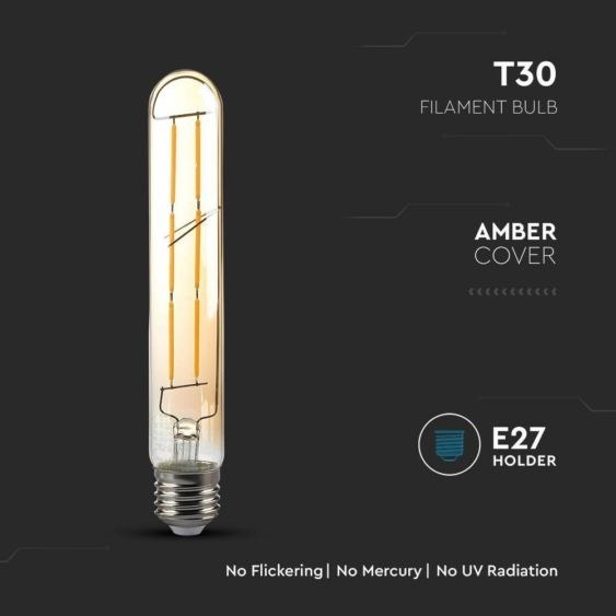 V-TAC 6W borostyán E27 meleg fehér filament T30 LED égő, 100 Lm/W - SKU 217143