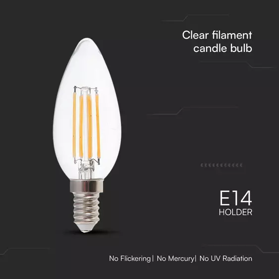 V-TAC 6W E14 meleg fehér filament C37 gyertya LED égő, 130 Lm/W - SKU 212848