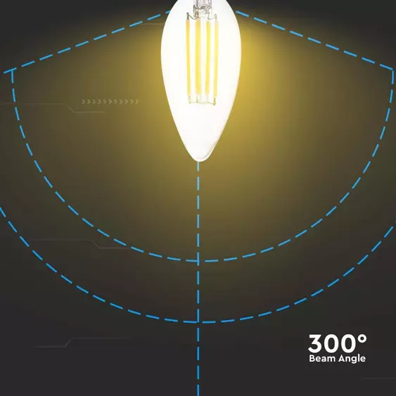 V-TAC 6W E14 meleg fehér filament C37 gyertya LED égő, 130 Lm/W - SKU 212848