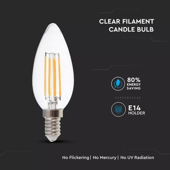 V-TAC 6W E14 meleg fehér filament LED égő, 130Lm/W - SKU 2848