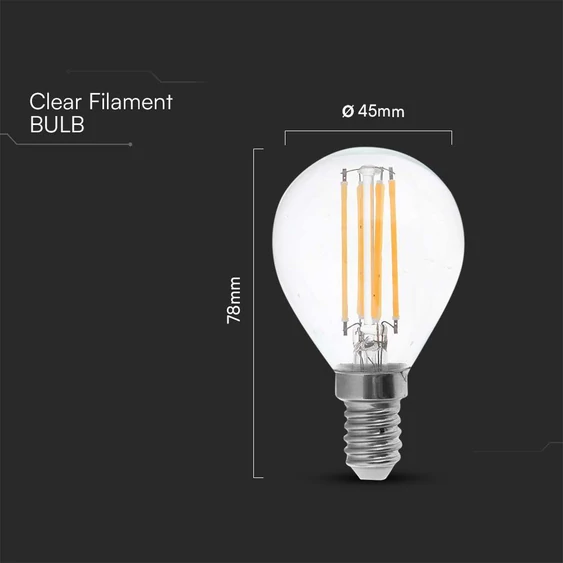 V-TAC 6W E14 meleg fehér filament P45 LED égő, 100 Lm/W - SKU 212845