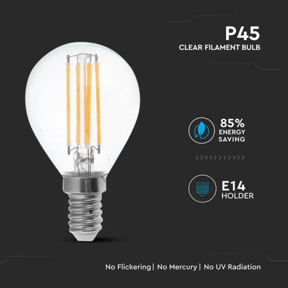 V-TAC 6W E14 meleg fehér filament P45 LED égő, 100Lm/W - SKU 2845