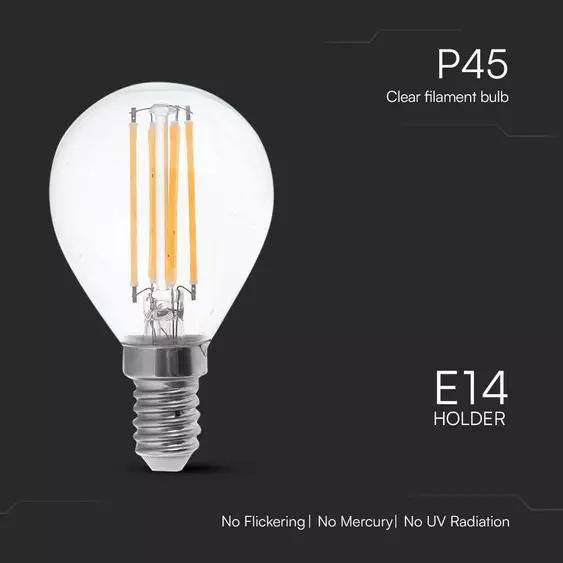 V-TAC 6W E14 természetes fehér filament P45 LED égő, 100 Lm/W - SKU 212846