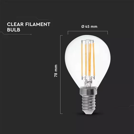 V-TAC 6W E14 természetes fehér filament P45 LED égő, 100Lm/W - SKU 2846