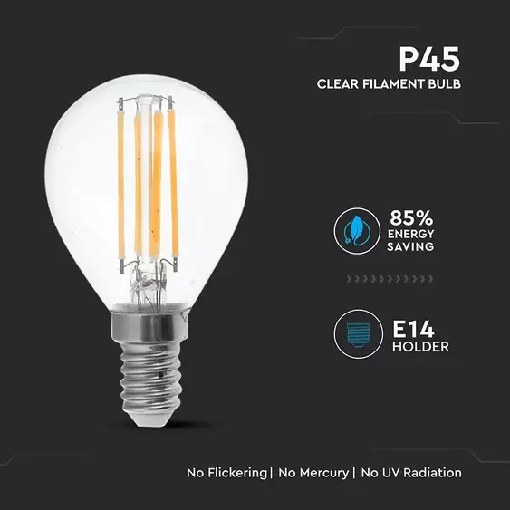 V-TAC 6W E14 természetes fehér filament P45 LED égő, 100Lm/W - SKU 2846