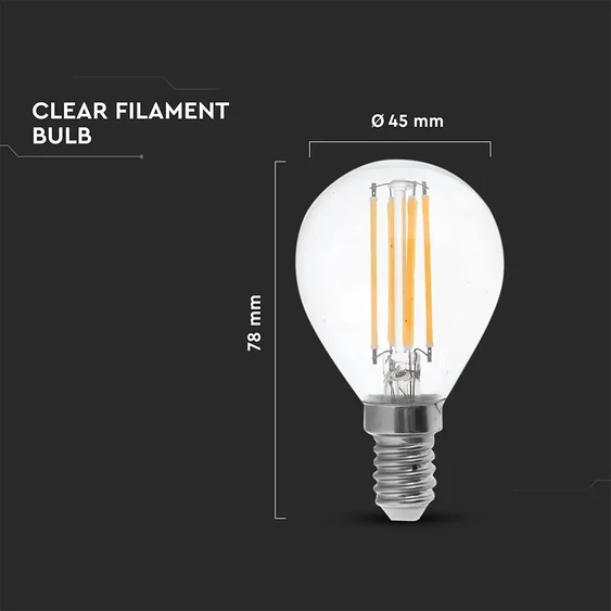 V-TAC 6W E14 természetes fehér filament P45 LED égő, 130Lm/W - SKU 2855