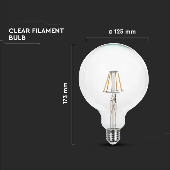 V-TAC 6W E27 meleg fehér filament G125 LED égő - SKU 214304