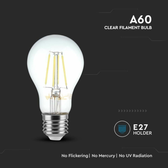 V-TAC 6W E27 természetes fehér filament A60 LED égő - SKU 214303