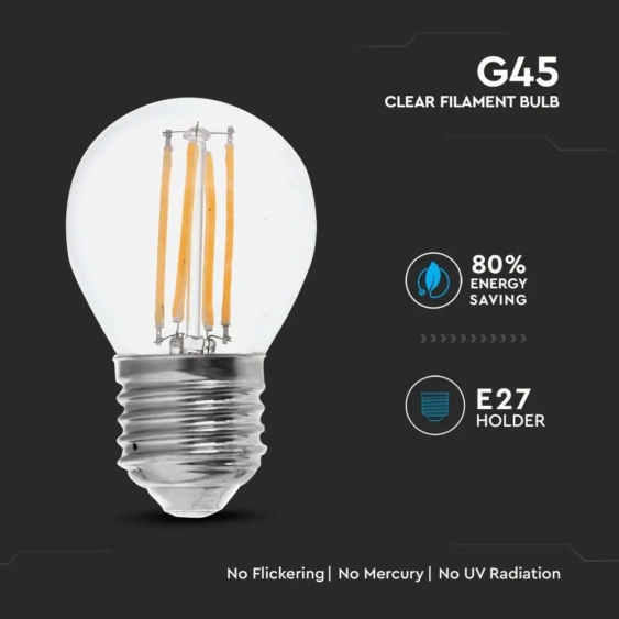 V-TAC 6W E27 természetes fehér filament G45 LED égő, 100Lm/W - SKU 2843