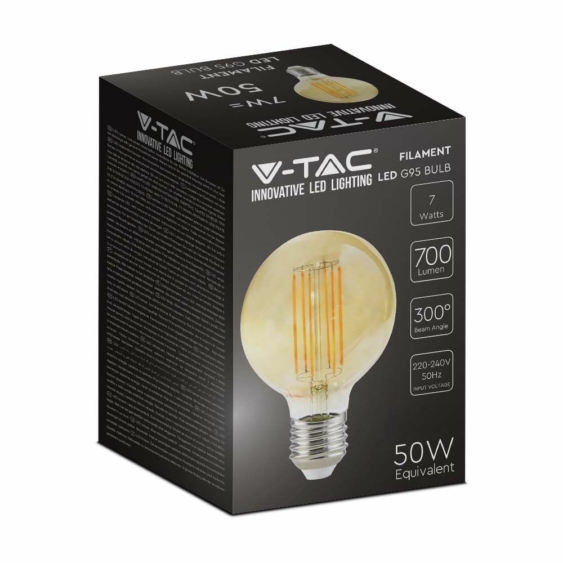 V-TAC 7W borostyán E27 meleg fehér filament G95 LED égő, 100 Lm/W - SKU 217147